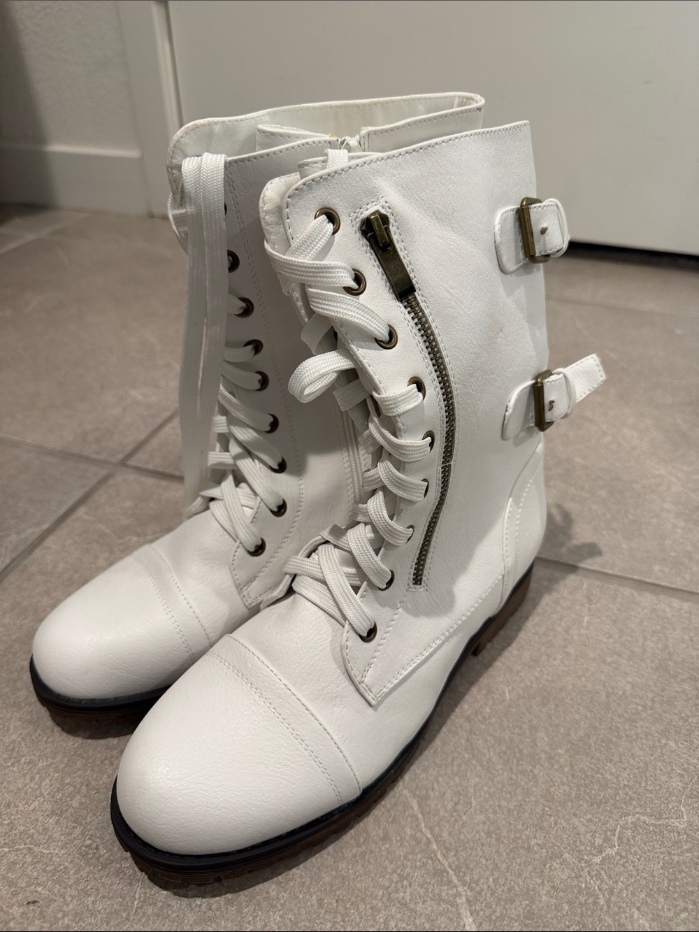 Dream Pairs White Lace-Up Combat Boots with Side Zippers and Buckles